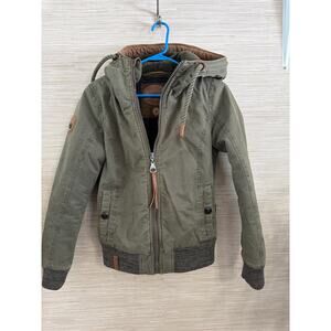 Naketano Oilve Green Heavy Winter Fleece lined hooded jacket size Small